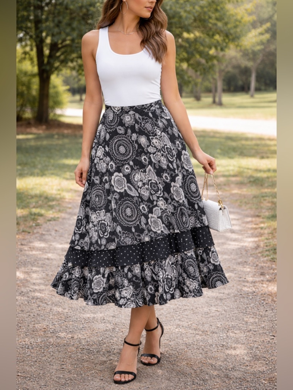 (K2)Orvis vintage,Y2K,Black and White Asymmetrical Floral Skirt, Size XL